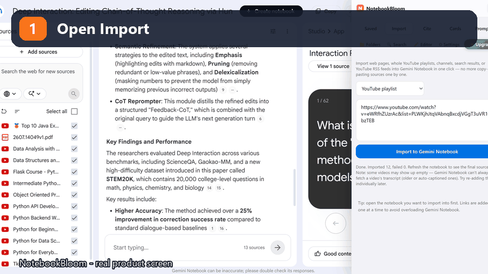 NotebookBloom bulk importing a source list into NotebookLM
