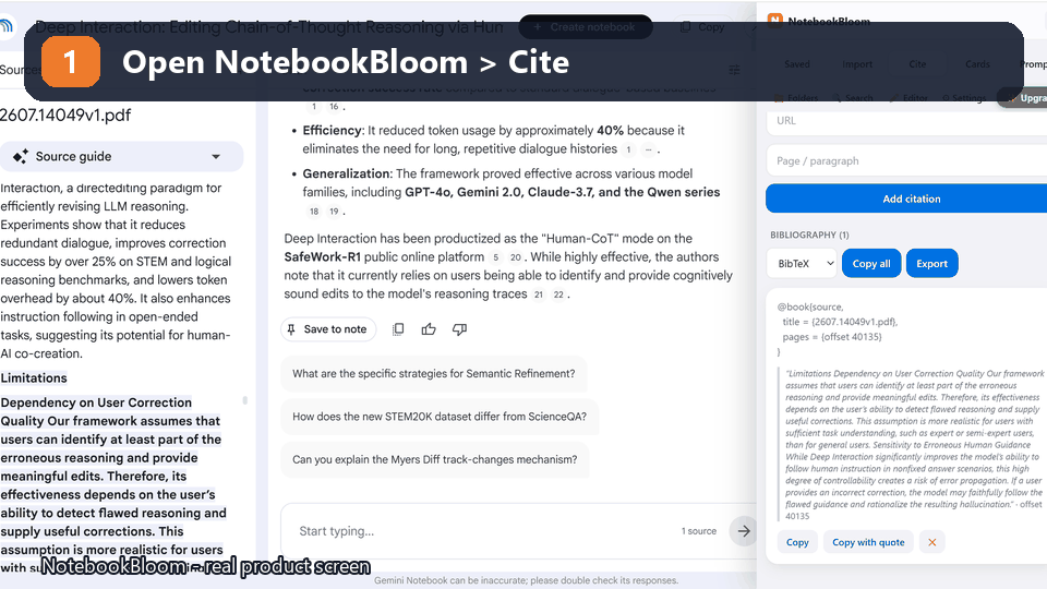 NotebookBloom exporting NotebookLM citations and source metadata for research