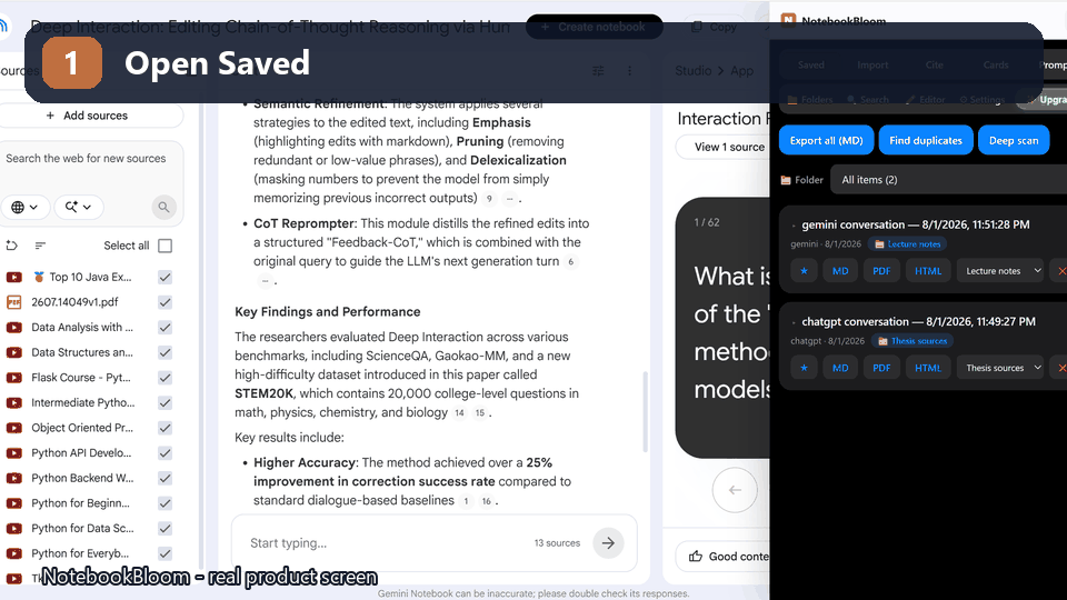 NotebookBloom exporting saved NotebookLM content into portable formats