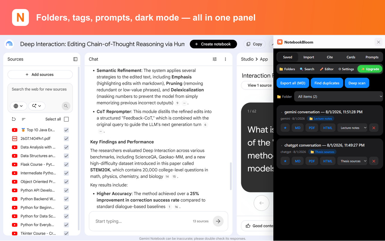 NotebookBloom folders, tags, saved prompts and dark mode for NotebookLM in one panel